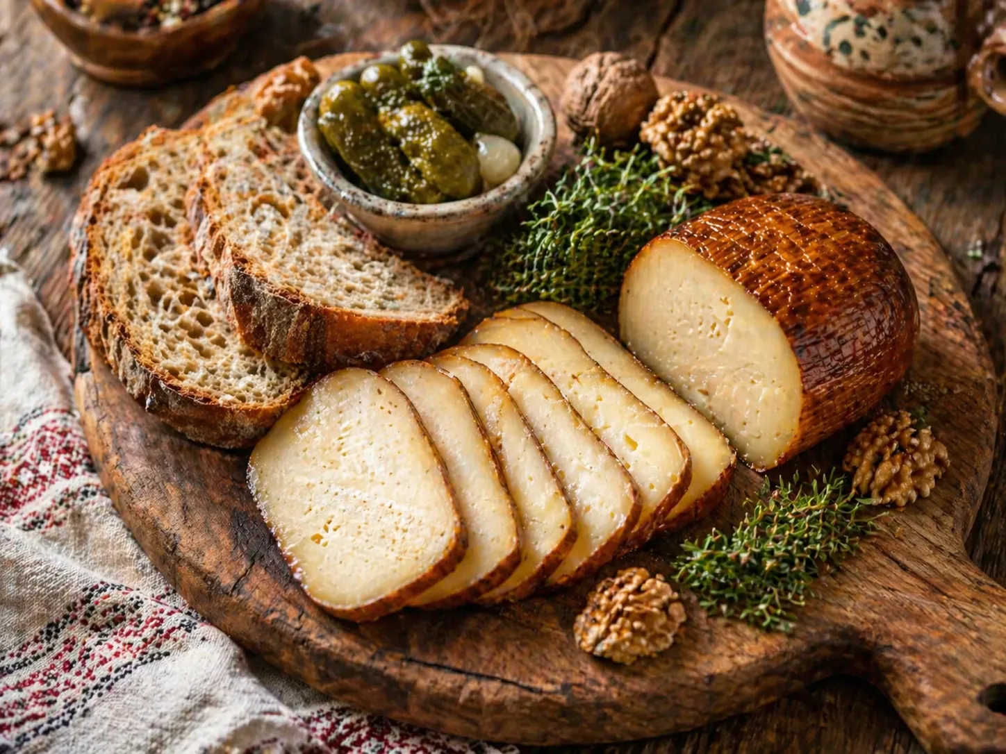 Platou de brânzeturi afumate românești cu pâine de casă, murături și nuci