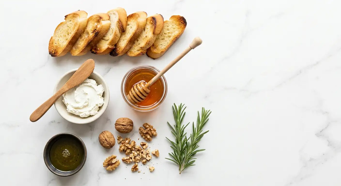 Ingrediente pentru bruschete cu brânză de capră: pâine prăjită, brânză de capră, miere, nuci și rozmarin
