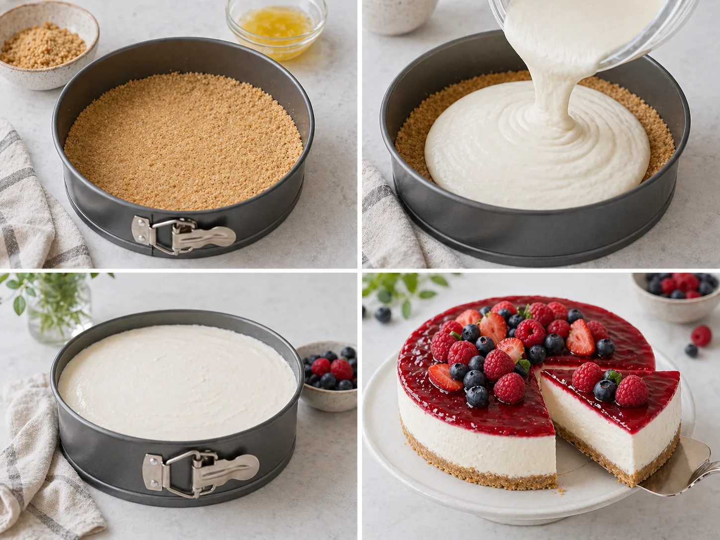 Pași de preparare cheesecake cu brânză de capră: bază biscuiți, cremă, răcire, topping fructe