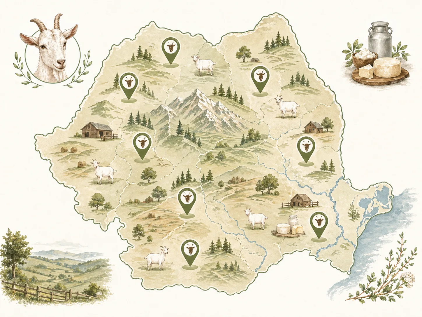 Hartă stilizată a României cu locațiile principalelor ferme de capre din zonele tradiționale: Maramureș, Bucovina, Apuseni, Hațeg, Sibiu