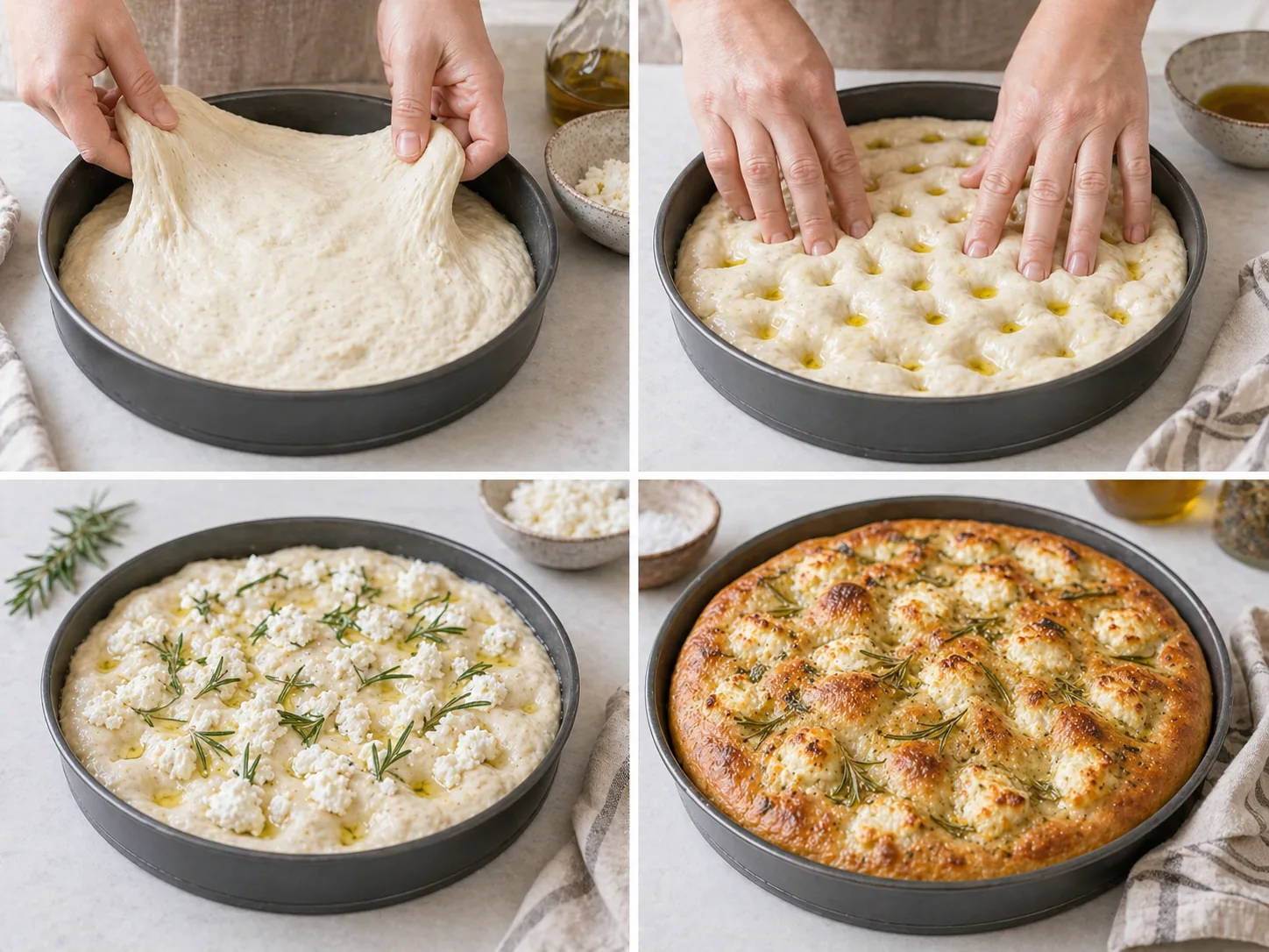 Pași de preparare focaccia: aluat în tavă, găuri cu degetele, topping cu brânză și rozmarin, focaccia coaptă aurie