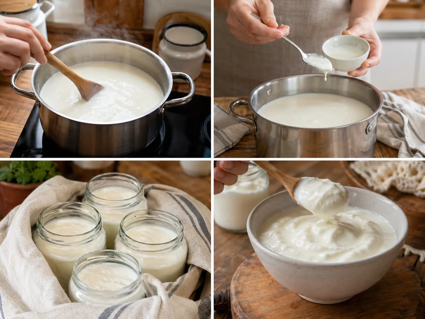 Etapele preparării iaurtului de capră acasă: încălzirea laptelui, adăugarea culturii, fermentarea în borcane, iaurtul gata