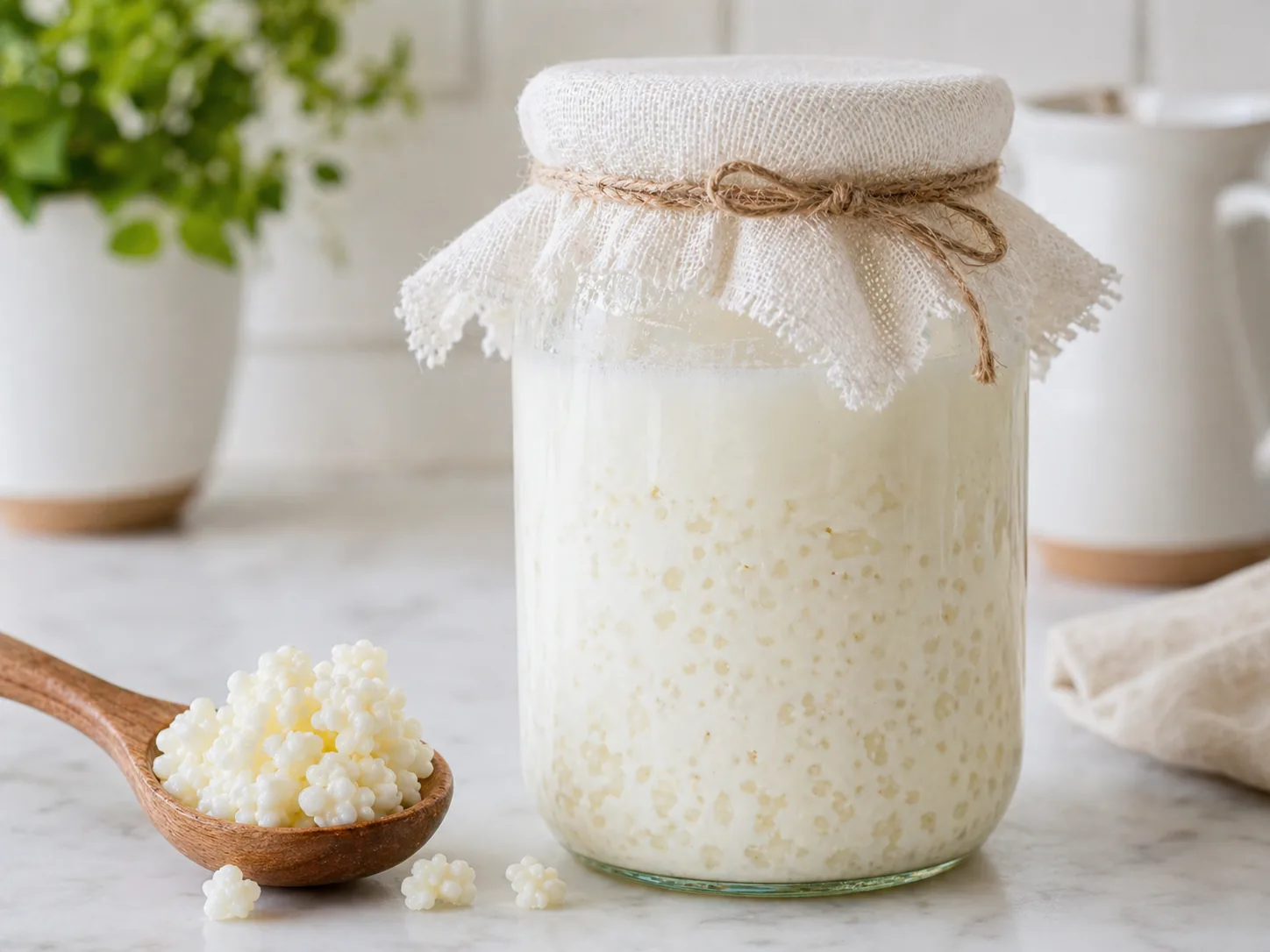 Granule de kefir în lapte de capră, în timpul fermentației, în borcan de sticlă