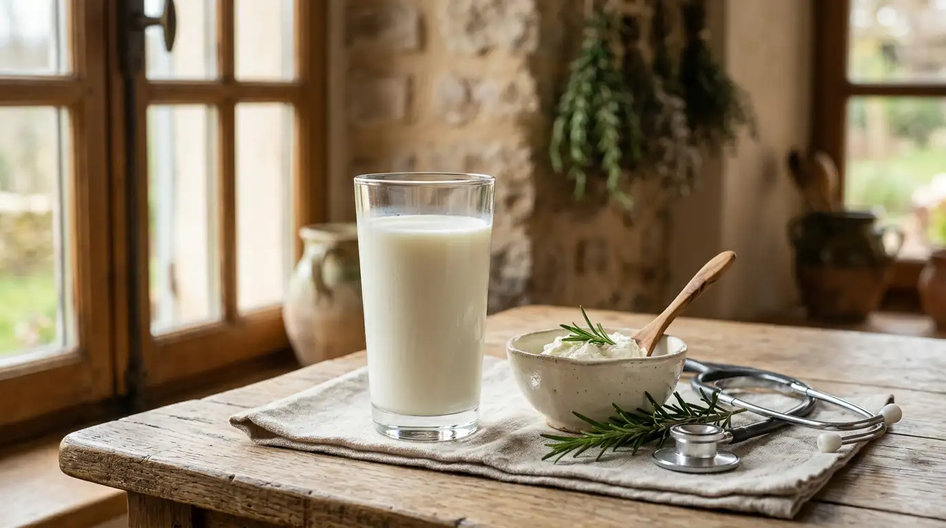 Pahar cu lapte de capră proaspăt și stetoscop pe o masă de lemn, simbolizând legătura dintre lapte și sănătatea inimii