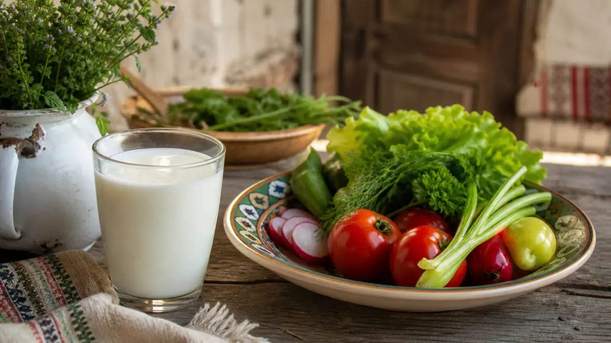 Pahar cu lapte de capră lângă o farfurie cu legume proaspete și verdețuri, simbol al unei diete echilibrate