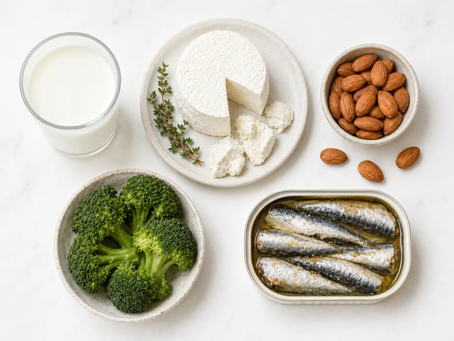 Comparație vizuală a surselor de calciu: lapte de capră, brânză, migdale, broccoli, sardine