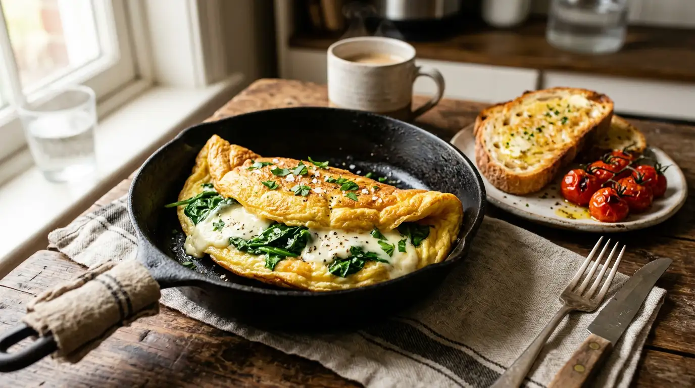 Omletă pufoasă cu brânză de capră și spanac