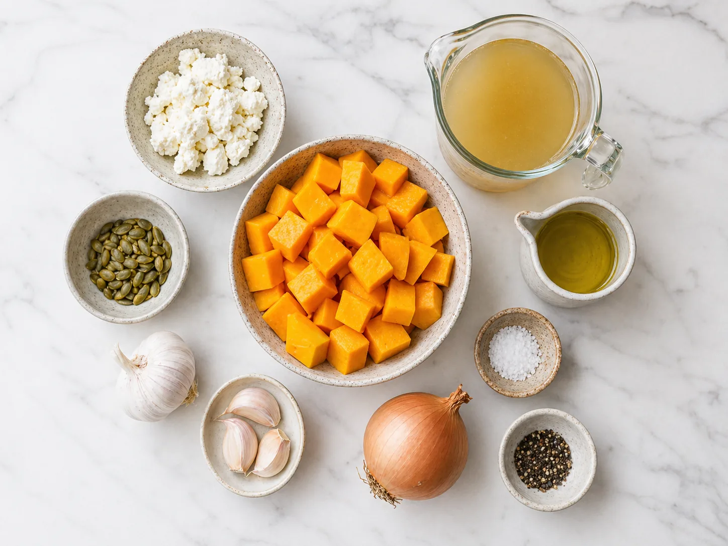 Ingrediente pentru supa cremă de dovleac: dovleac plăcintar tăiat cuburi, brânză de capră, ceapă, usturoi, ulei de măsline